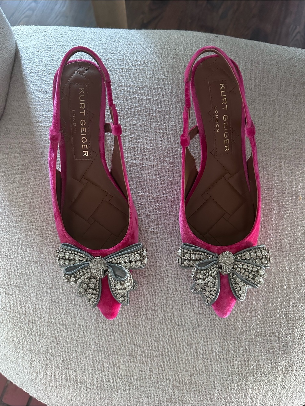 Kurt Geiger Hot Pink Velvet Slingback Flats with Crystal Bow